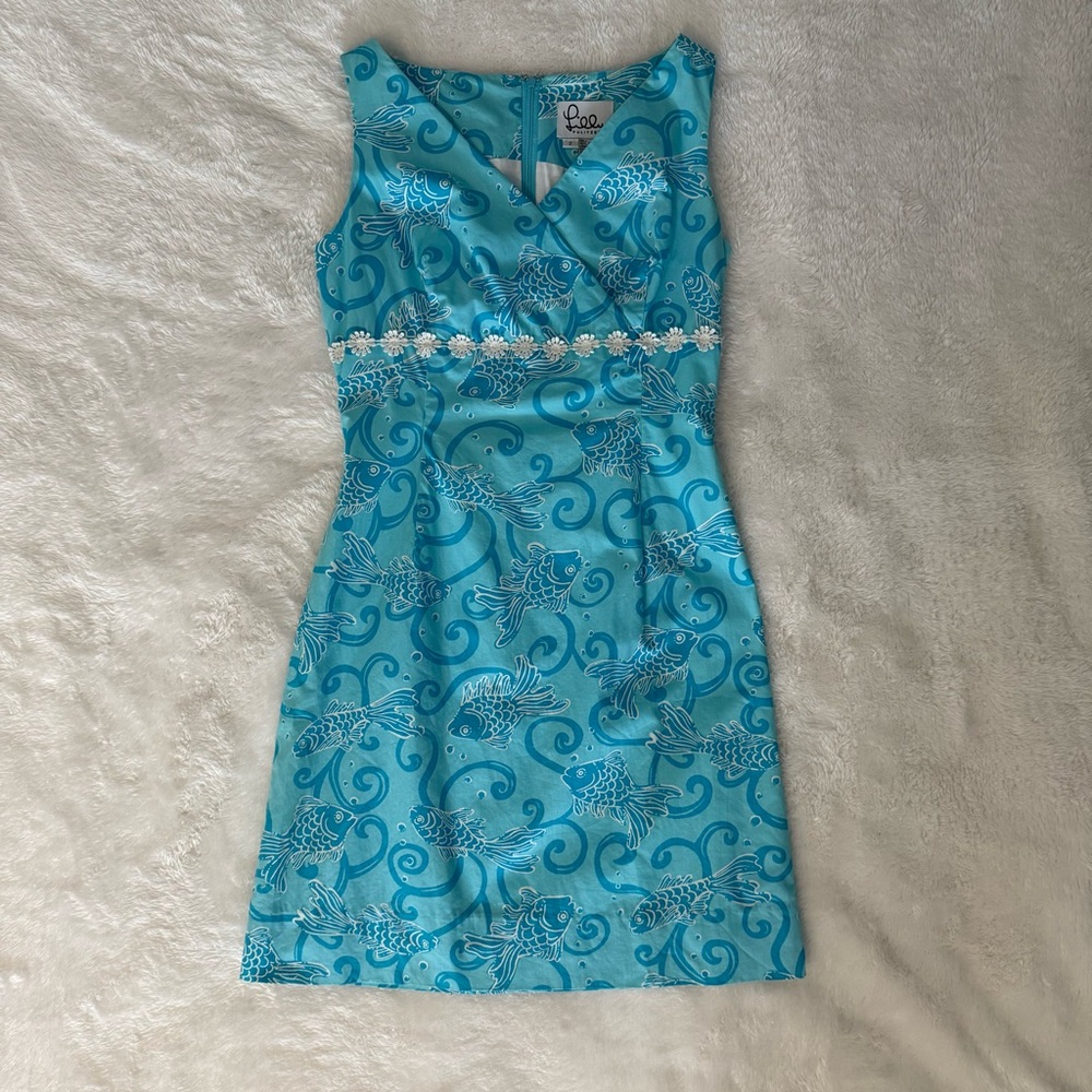 Vintage Lilly Pulitzer Staci Dress White Label Havana Blue Marigold Fish